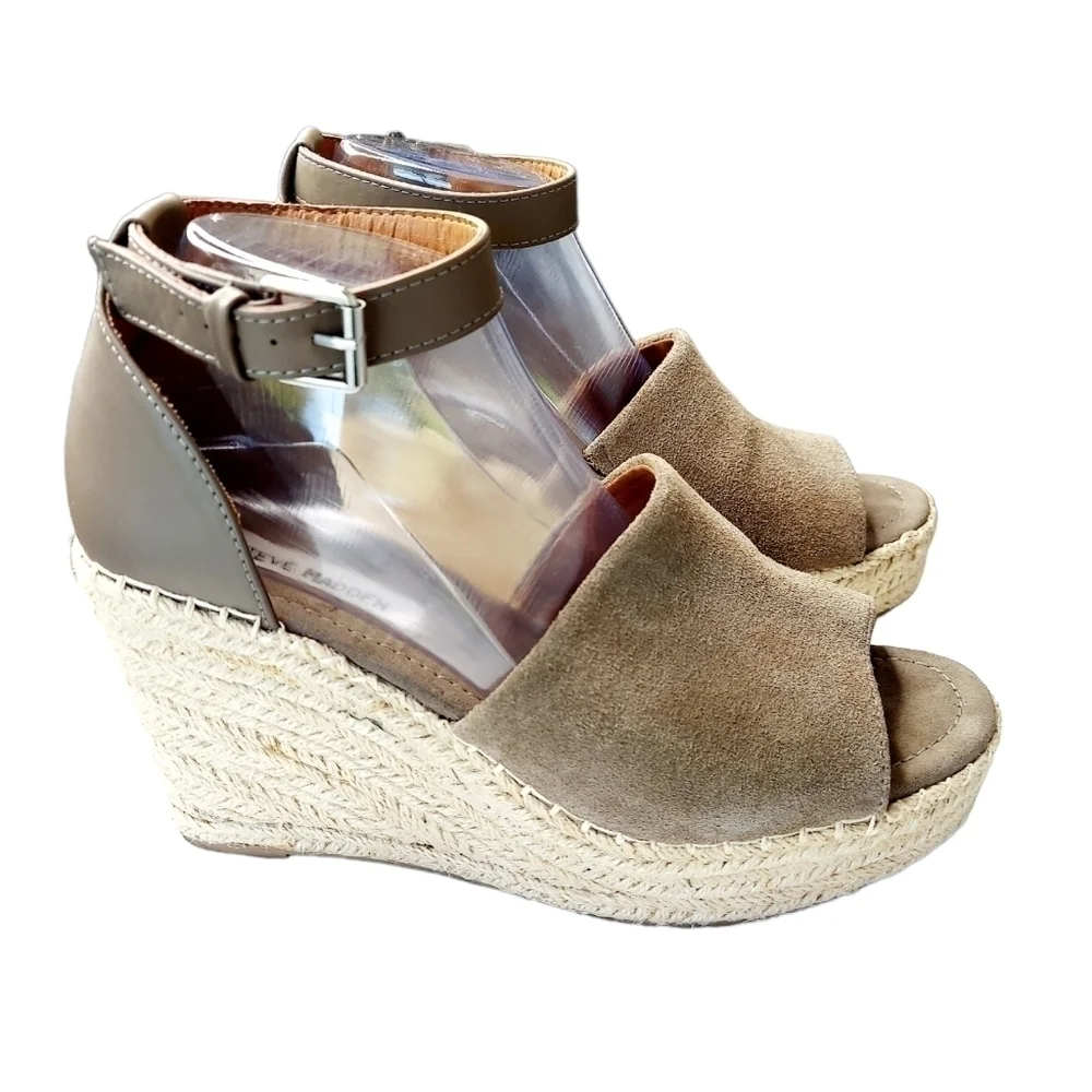 Steve Madden Jaylen Espadrille Suede Leather Wedge Heels Sandals Taupe Size 9